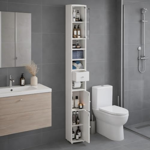 MoraRise Tall Bathroom Cabinet,Slim Bathroom Storage Unit w/2 Door Cabinets