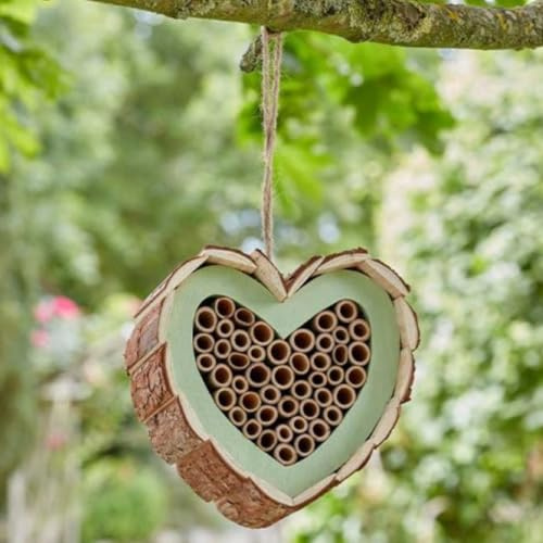 Festive Lights - 17cm Wooden Heart Hanging Garden Bee Insect Hotel - Bumblebee Pollinator Nesting Home, Wildlife Habitat, Wood & Bamboo Construction, Eco Friendly Outdoor Shelter, Brown Decor