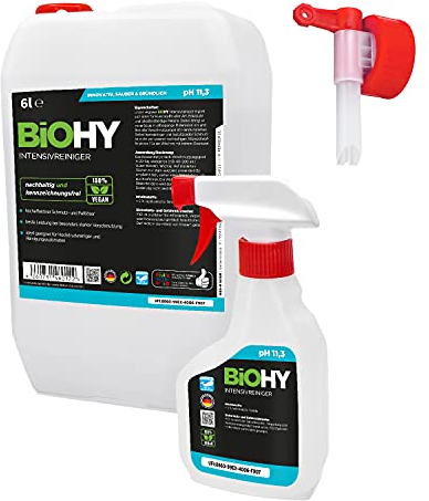 BiOHY Intensivreiniger Universal (6 Liter Kanister) + Sprühflasche & Auslaufhahn | Hocheffektiver Industriereiniger | ideal für Hochdruckreiniger | Fugenreiniger |Bio Konzentrat für Fliesen