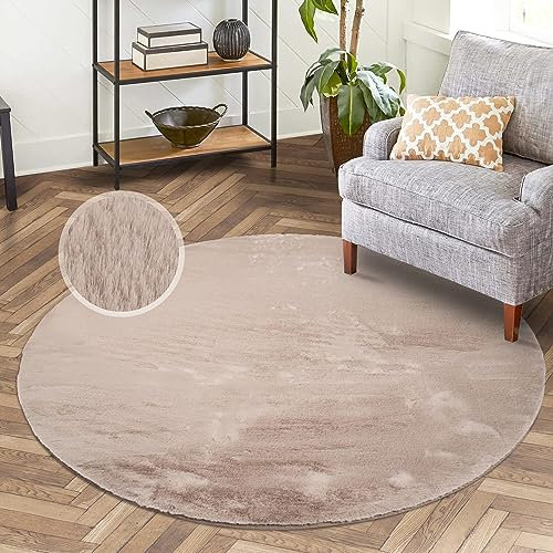carpet city Hochflor Teppich Wohnzimmer - Einfarbig Taupe - 160x160 cm Rund - Super Soft Polyester, Samtig-Flauschiger Flor - Fell-Teppiche für Schlafzimmer, Esszimmer, Arbeitszimmer