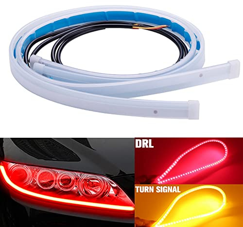 Qasim 60cm 24 pulgadas rojo + amarillo LED luces de circulación diurna flujo automático secuencial señal de giro guía tira faro montaje coche motocicleta accesorios 2-Pack