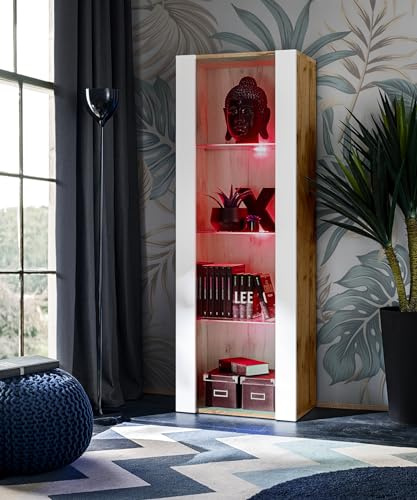 Komodee, Vitrine Schrank Tivoli, Weiß/Wotan, Breite 55cm x Höhe 159cm x Tiefe 35cm, LED RGB, 3 Regalböden, Glassvitrine für Wohnzimmer, Schlafzimmer, Eingang