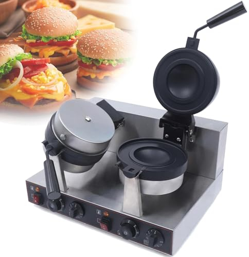 Qiang 1300W Macchina Waffle Hamburger Elettrica Commerciale Antiaderente,Macchina Panettiere Waffle Gelato in Acciaio Inossidabile Dimensioni cialda: ø 10 cm,per Casa,Cucina,Colazione,Doublehead