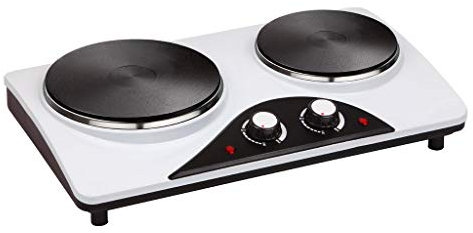 Hornillo doble placa, potencia ajustable, superficie antiadherente, fácil limpieza, ideal para cocción rápida y preparación de comidas.