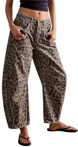 MASUCOR Leopard Barrel Jeans Dam Mid Rise Barrel Jeans Vintage Loose Wide Leg Jeans Y2k Baggy Boyfriend Jeans Streetwear med Fickor Cropped Jeans Hip Hop Jeans(XXL)