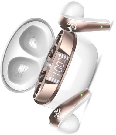 Auriculares Inalambricos Bluetooth, Auriculares Bluetooth 5.3 con Microfono, Cascos Inalambricos Bluetooth con Controladore 14mm, 40H Auriculares In Ear con Pantalla LED/IP7 Impermeable, Oro Blanco