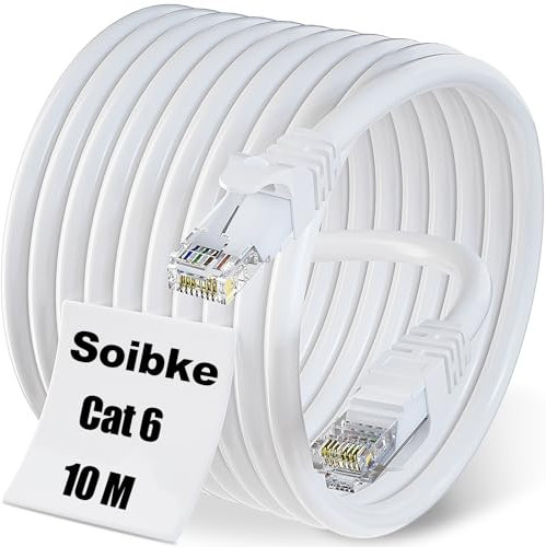 Soibke Cable LAN de 10 metros Cat 6, cable de red blanco Ethernet 10 m, alta velocidad 1 Gbps, cable wifi Gigabit RJ45, cable de internet UTP para router módem