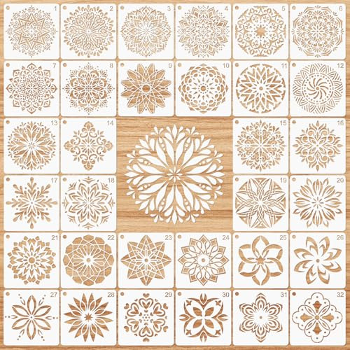 MWOOT 32 Pezzi Stencil Mandala, Paint Templates,DIY Plastic Disegno Punto Scala Stencils,Riutilizzabile Durevole Pittura Modelli Arredo Tessuto Roccia Pietra Tela Decorazioni, 12x12 CM