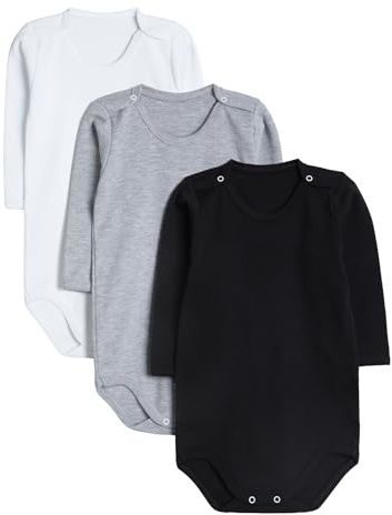 rise&Raba Baby Bodysuit 3 Pcs | 100% Organic Cotton Long Sleeve Comfortable Button Baby Bodysuits for Boys and Girls | Comfortable and Cute Onesies (White-Black-Gray, 3-4 Year)