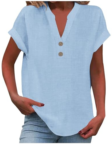 KOG Damen Tshirt Freizeit Leinen Kleidung Lose Kurzarm Tuniken Teenager Mädchen Bekleidung Casual Leinenhemd Tee Shirt Frau Rundhals Große Größen Oberteil Himmelblau M