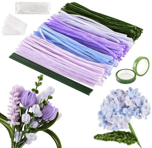 EOPUOZS Limpiapipas Manualidades, 250 Piezas Limpia Pipas Multicolor, Set de Limpiapipas Flores con Palitos de Flores Verdes, Cintas, Cuentas para Ramos DIY Manualidades, Morado