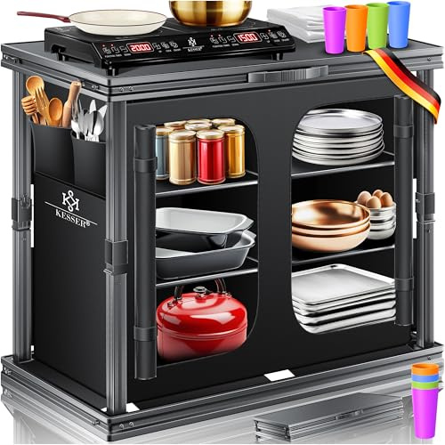KESSER® Camping Küche faltbar | Outdoor Campingschrank 84x80cm | Küchenschrank mit Aluminiumgestell, 6 Fächer inkl. 4er Becherset, Seitentaschen & Fliegengitter | Campingküche aus UV-resistentem Stoff