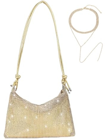 GWAWG Strass e paillettes e scintillanti collana da donna, pochette per cerimonia nuziale, dorata, serate chic, dorate, pochette a tracolla, per feste