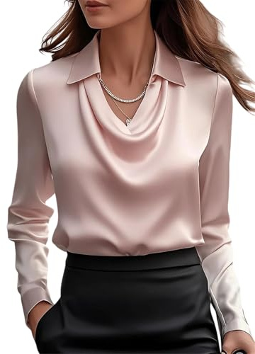 MorFansi Blusa de satén para mujer, cuello en cascada, elegante, de manga larga, camisa de seda, camisa de trabajo, camisa de negocios de manga larga, Rosa., XL