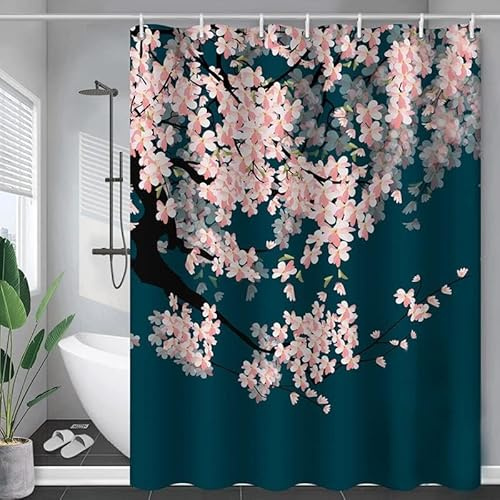 Duschvorhang 200x200 cm Japanischer Duschvorhang Rosa Blumen Bad Vorhang Anti Schimmel Wasserdicht 3D Shower Curtains Waschbar Polyester Stoff Duschvorhänge für Badewanne Badezimmer D-3095