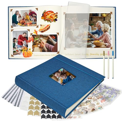 Vienrose Álbum Fotográfico de Lino 30x30 cm con Espacios para Texto, Álbum de Recortes Scrapbook Personalizable DIY para Bodas, Bebés, Familia, Bautizos, Cumpleaños (100 Páginas, Azul Marino)