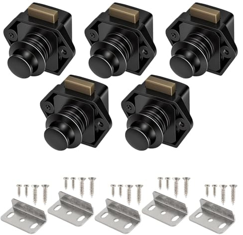 Dexpally 5 Pezzi Serratura a Pulsante Senza Chiave Push Button Catch Door Lock Serrature per Camper Pulsante in Metallo Catch Serratura Chiusura a Bottone per Caravan, Yacht, Cabinet Door (Nero)