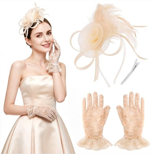 Fascinator Hut für Damen, Blume Mesh Federn Clip Kopfschmuck, Stirnband Clip mit Mesh Federn, Fascinator Haarclip Hut und Spitze Gloves Set für Tea Party Cocktail Hochzeiten Geburtstag Khaki