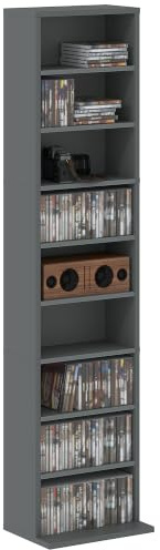 HOMCOM Rangements pour CD et DVD 260 CD/120 DVD 33 x 24 x 140 Gris | Meuble de Rangement Multimédia, 9 Compartiments, 6 Étagères Réglables, pour Salon Chambre Bureau