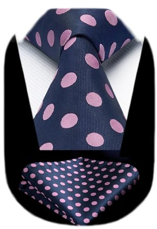 HISDERN Dot Floral Wedding Tie Handkerchief Men's Necktie & Pocket Square Set, One Size, Pink / Navy Blue