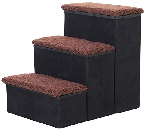 PawHut Haustiertreppe Katzentreppe Hundetreppe Faltbar 3 Stufen Tiertreppe mit Stauraum für Katzen und Hunde MDF Schwarz 40 x 54 x 48 cm