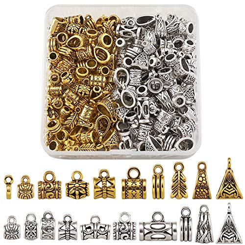 Craftdady 200Pcs Tibetan Column Tube Bail Beads Hanging Adapters Antique Gold Silver Barrel Triangle Hanger Links Connectors for Bracelet Pendant Necklace Jewelry Making