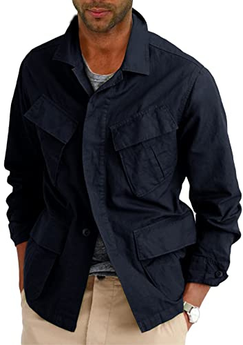 Runcati Mens Lightweight Safari Jacket Button Up Cotton Outdoor Military Cargo Long Sleeve Outwear Navy