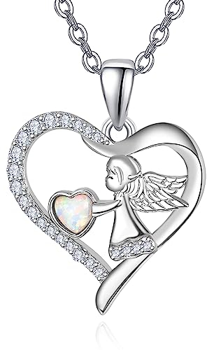 TANGPOET Schutzengel Kette 925 Sterling Silber Engelsflügel Halskette Herz Opal Anhänger Valentinstag Schmuck Geschenke für Frauen Mädchen