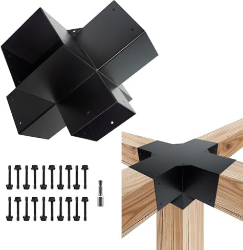DEVALLEY 5-Way Pergola DIY Brackets Kit,Cross-Shaped Woodwork Brackets for 4 x 4(Actual:3.5x3.5) Lumber,Black Metal Bracket for Patio Pergolas,Gazebos,Log Cabin W/Hardware (1 Pack)………