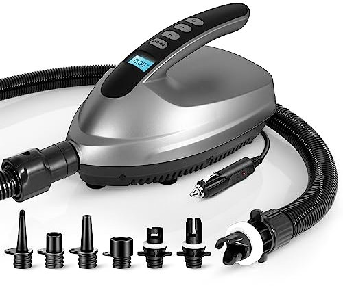 SereneLife Electric Air Pump Compressor – Portable Inflator for SUPs (Stand Up Paddle-Boards) & Pool Inflatables, Digital LCD Display, Adjustable Air Pressure Settings, Car Power Outlet Connection