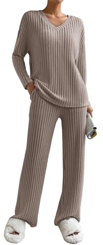 Joligiao Ensemble de Pyjama pour Femmes Manches Longues Ensemble de Vêtements de Détente 2 Pièces Tenue de Détente Côtelé Vêtement d'Intérieur Sleepwear Pantalon à Taille Élastique Haut(Kaki,XXL)