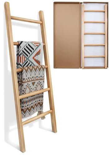 SEKSON Escalera de madera de 5 niveles totalmente montada, para sala de estar, decorativa, inclinada en la pared, granja, soporte para exhibición de colchas, rústico, toallero de madera para baño,