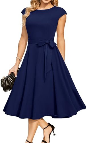 DRESSTELLS Cocktail Dresses for Women UK, Fall Formal Wedding Guest Graduation Prom Vintage Tea Party Modest Casual Dress 2025 Navy M