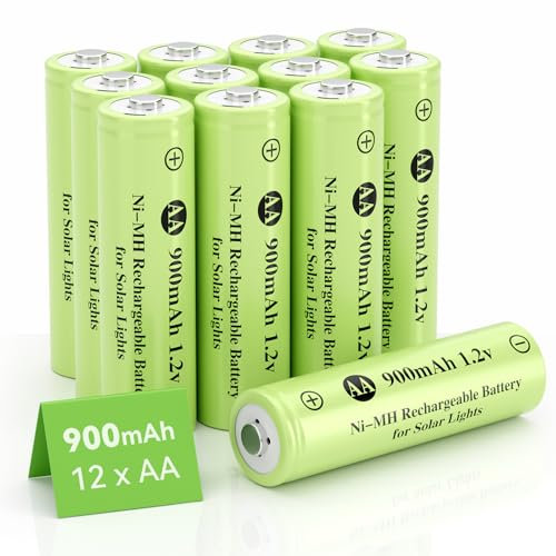JiajaX AA 1.2V Ni-MH Rechargeable Battery, Double A 900mAh 1.2V Solar Battery Pre-Charged, High Capacity for Solar Lights, String Lights, Solar Pathway Lights (AA-900mAh-12pack)