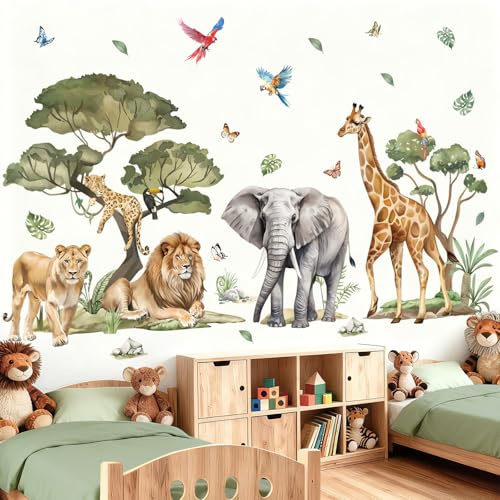 wondever Wandtattoo Safari Tiere Baum XXL Wandaufkleber Dschungel Tiere Löwen Elefant Giraffe Wandsticker Wanddeko für Kinderzimmer Babyzimmer Schlafzimmer