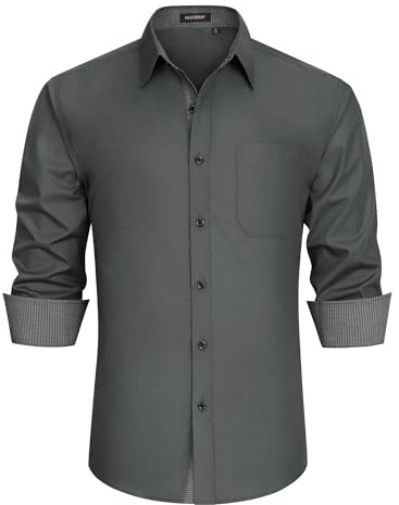 HISDERN Camicia da uomo formale, per il tempo libero, per il tempo libero, a maniche lunghe, in cotone, classica, vestibilità regolare, Grigio-3, XXL