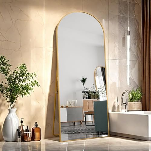 Poeahu Specchio da Terra ad Arco, 165 x 60 Specchio da Parete Grande con Cornice in nero Alluminio, Specchio da Terra da Appoggiare o Appendere per Soggiorno, Camera da Letto, Ingresso, Oro