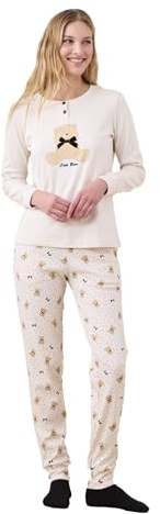Noidinotte - Pigiama Donna Invernale in Caldo Cotone Articolo Orso. - S Panna