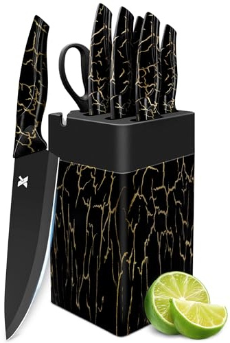 Knife Set, 8 Pieces Kitchen Knife Block Sets, High Carbon German Stainless Steel, Dishwasher Safe Cutlery with Sharpener, Black