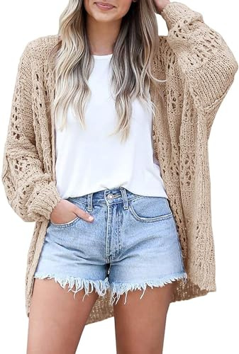 Placitiume Cárdigan de ganchillo para mujer, kimonos, bohemio, de gran tamaño, color sólido, suéter abierto al frente