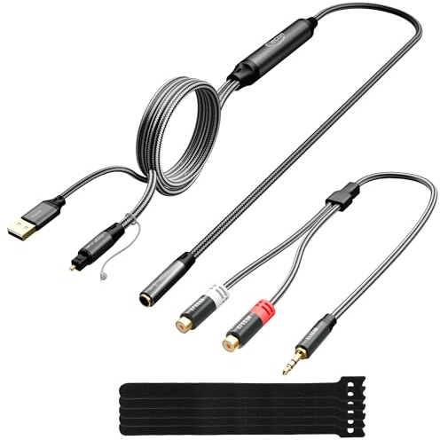 Elecan Unidirectional Optical Male to 3.5mm AUX Female Audio Converter Cable 3 Ft, 192kHz DAC SPDIF/Toslink Digital to Analog Adapter for TV/PS4/DVD to Sound Bar Headphone+Ties & AUX to 2 RCA Adapter
