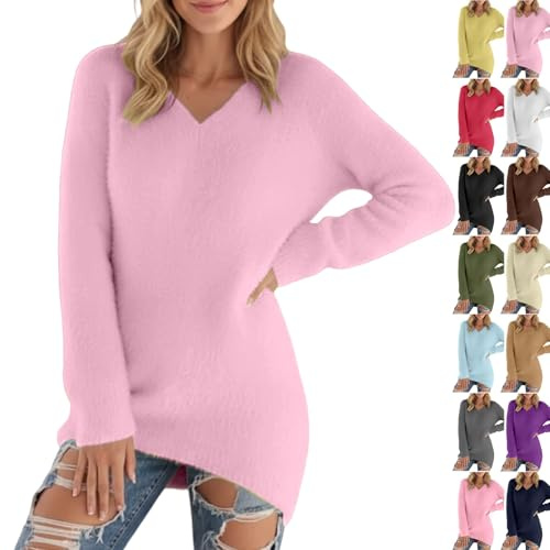 SKFLABOOF Pull Femme Cachemire Large Sweat Chic et Elegant Col V Sweater en Laine Manche Longue Polaire Pull Chaud en Peluche 001a Rose Clair, L