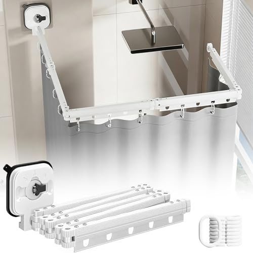 Foldable Shower Curtain Rail, Wall Mounted Shower Curtain Rod with Shower Curtain, No-Drill Suction Cup Laundry Organizer, Space-Saving Clothes Drying Rack for Bathroom (White-5 Fold, 1.8x2m)