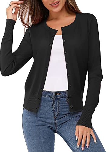 Newshows Women's Solid Button Down Long Sleeve Classic Crew Neck Knit Cardigan Sweater(Black,Small)