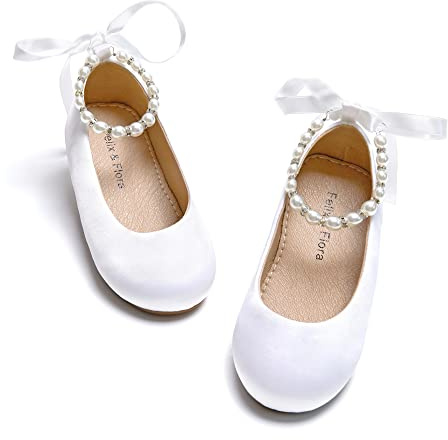 Felix & Flora Girls Toddler Little Ballet Shoes Size 13 - Flower Girls Mary Jane Flats Dress Shoes Party Wedding(White,13 Little Kid)