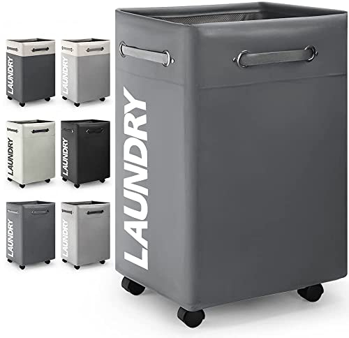 Rieeyrslza Large Rolling Laundry Hamper Wheels 74L Foldable Laundry Basket On Wheels Rolling Storage Hamper Collapsible Waterproof Laundry Sorter Corner Storage Bins Basket (Dark Gray o2)