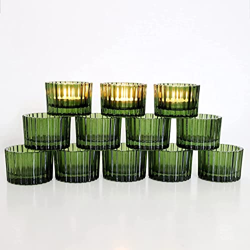 Ribbed Green Tea Light Holders Set of 12, Glass Tealight Holders | For Wedding Party, Vohocandle Green Tea Lifht Candle Holders Glass for Party Table Decorations (5 cm L x 3.5 cm H)