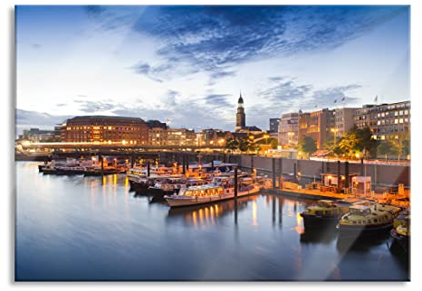 Pixxprint Glasbild, Wandbild aus Echtglas, Hamburger Hafen am Abend, 100x70 cm, inkl. Aufhängung und Abstandshalter