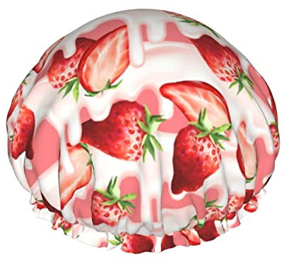 Cuffia da doccia al latte con foglie di fragola, cuffia da notte cuffia da bagno elastica impermeabile a doppio strato cuffia da bagno riutilizzabile