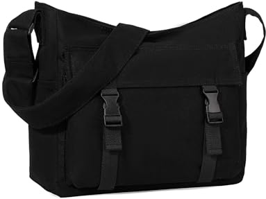 VASCHY Sac Bandoulière Femme, Grande Léger Poches Multiples Sacoche Messager en Toile Adolescent Sac à Main Besace pour Travail École Voyage Loisir Noir